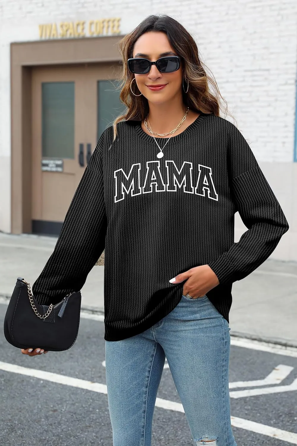 QLIPIN Mama Sweatshirt Women Mom Life T Shirt Mommy Mom Crewneck Pullover Tops Casual Mama Letter Print Long Sleeve Shirt