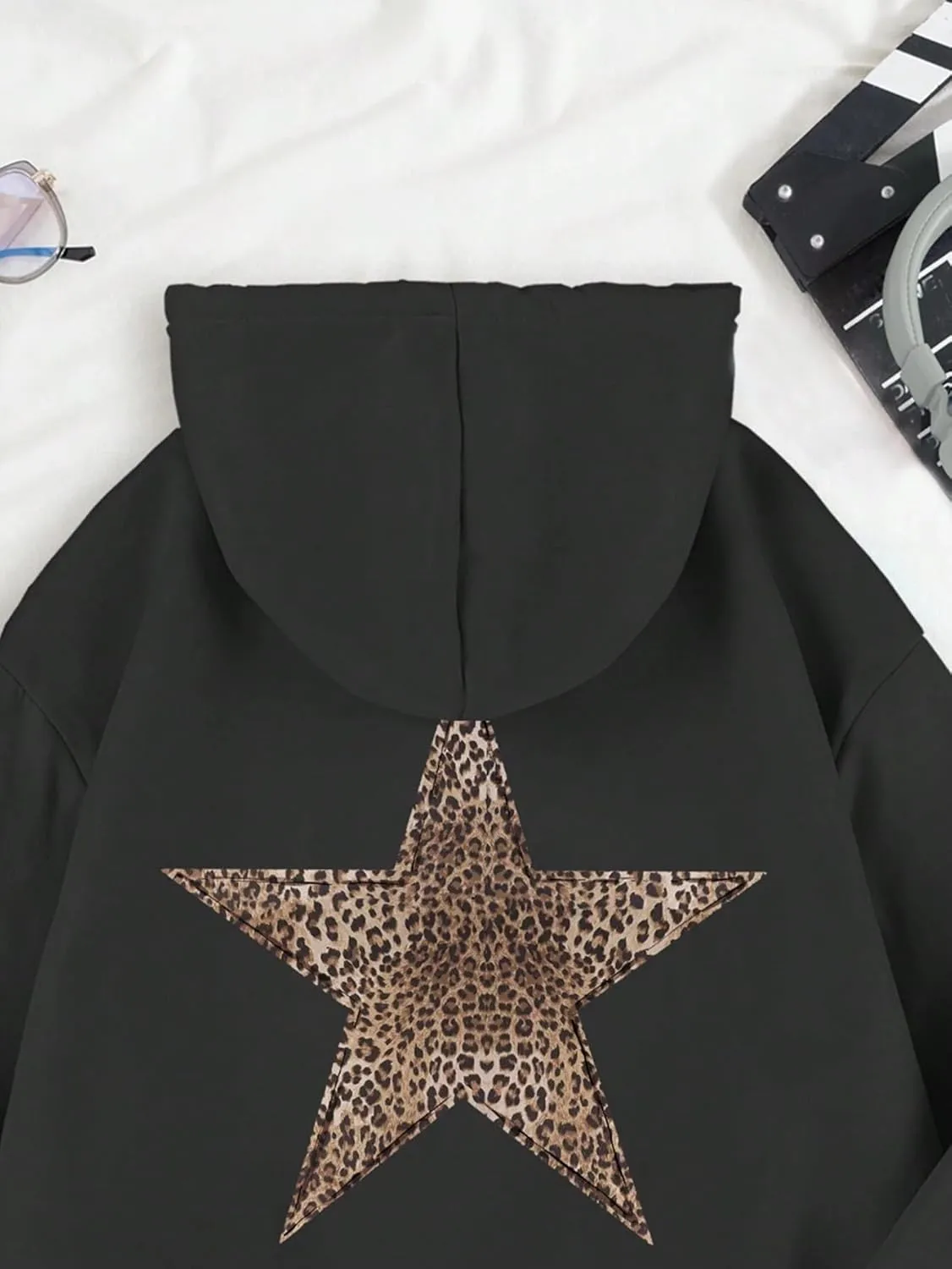 QYZ-Top Womens Cheetah Leopard Star Hoodie Graphic Print Fleece Y2k Oversized Hooded Sweatshirt