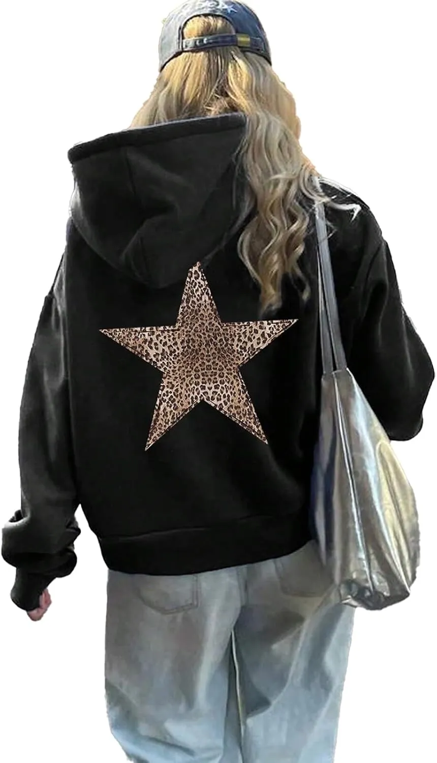 QYZ-Top Womens Cheetah Leopard Star Hoodie Graphic Print Fleece Y2k Oversized Hooded Sweatshirt