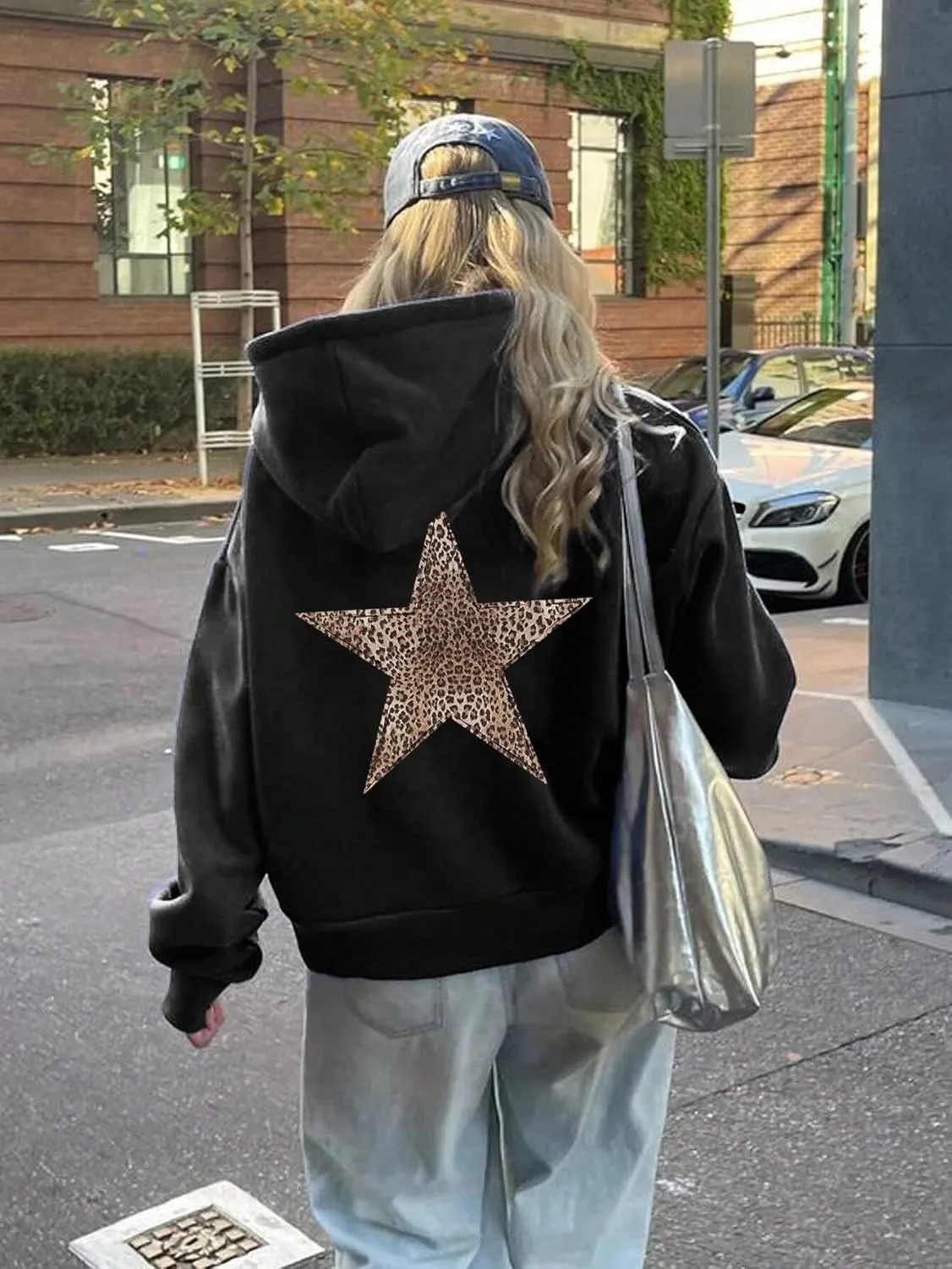 QYZ-Top Womens Cheetah Leopard Star Hoodie Graphic Print Fleece Y2k Oversized Hooded Sweatshirt