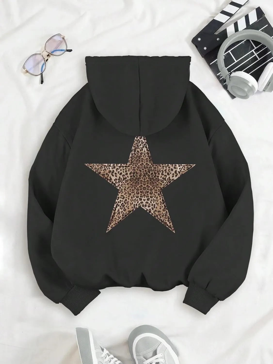 QYZ-Top Womens Cheetah Leopard Star Hoodie Graphic Print Fleece Y2k Oversized Hooded Sweatshirt