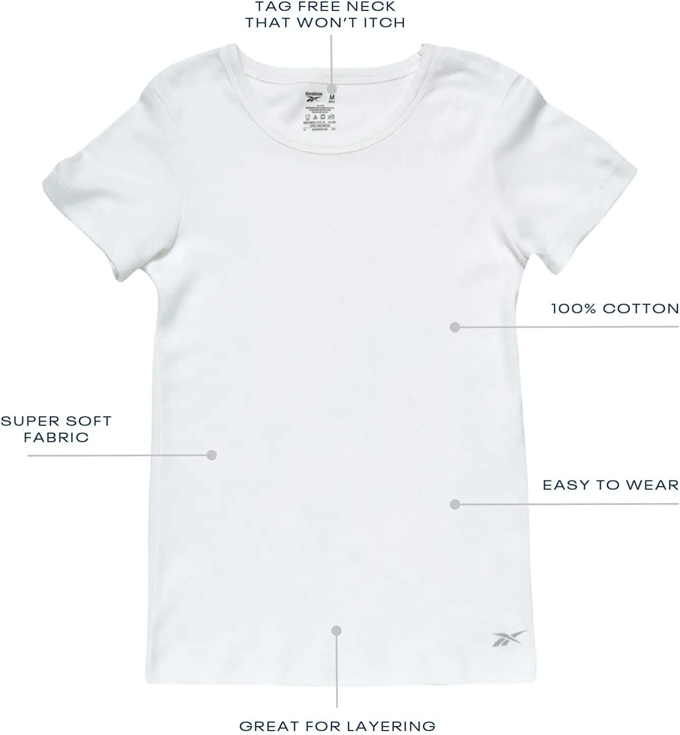 Reebok Girls' Undershirt - 3 Pack/6 Pack 100% Cotton No Show Short Sleeve Crew Neck White Shirt for Girls (Sizes: 2T-16)