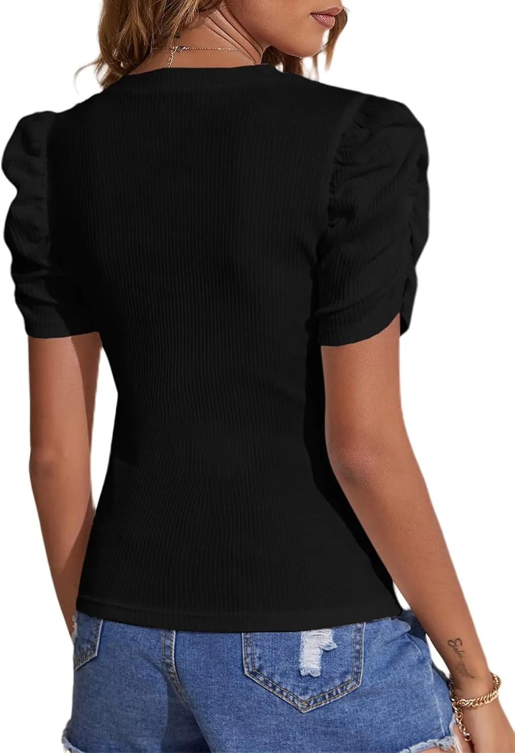 Remidoo Women's Casual Puff Short Sleeve Top Crewneck Solid Slim Fit T Shirt Blouse