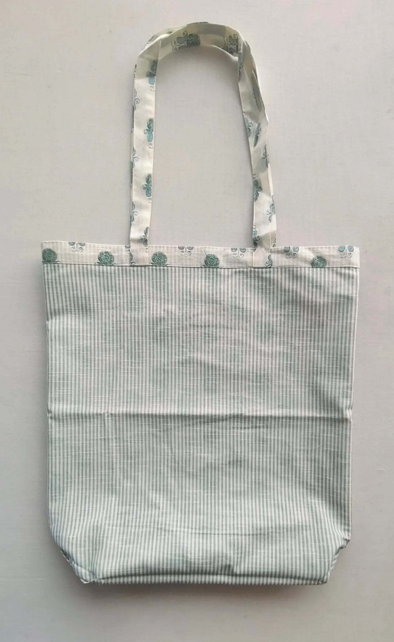 Reversible Sage Booti & stripe Tote Bag with Extra Front Pocket, Easy to Carry, Cotton Fabric.