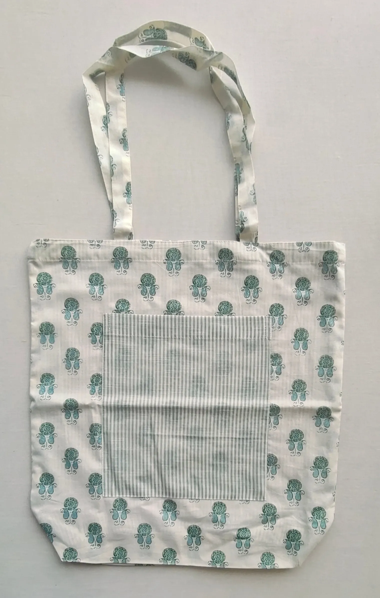 Reversible Sage Booti & stripe Tote Bag with Extra Front Pocket, Easy to Carry, Cotton Fabric.