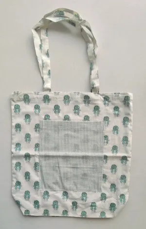 Reversible Sage Booti & stripe Tote Bag with Extra Front Pocket, Easy to Carry, Cotton Fabric.