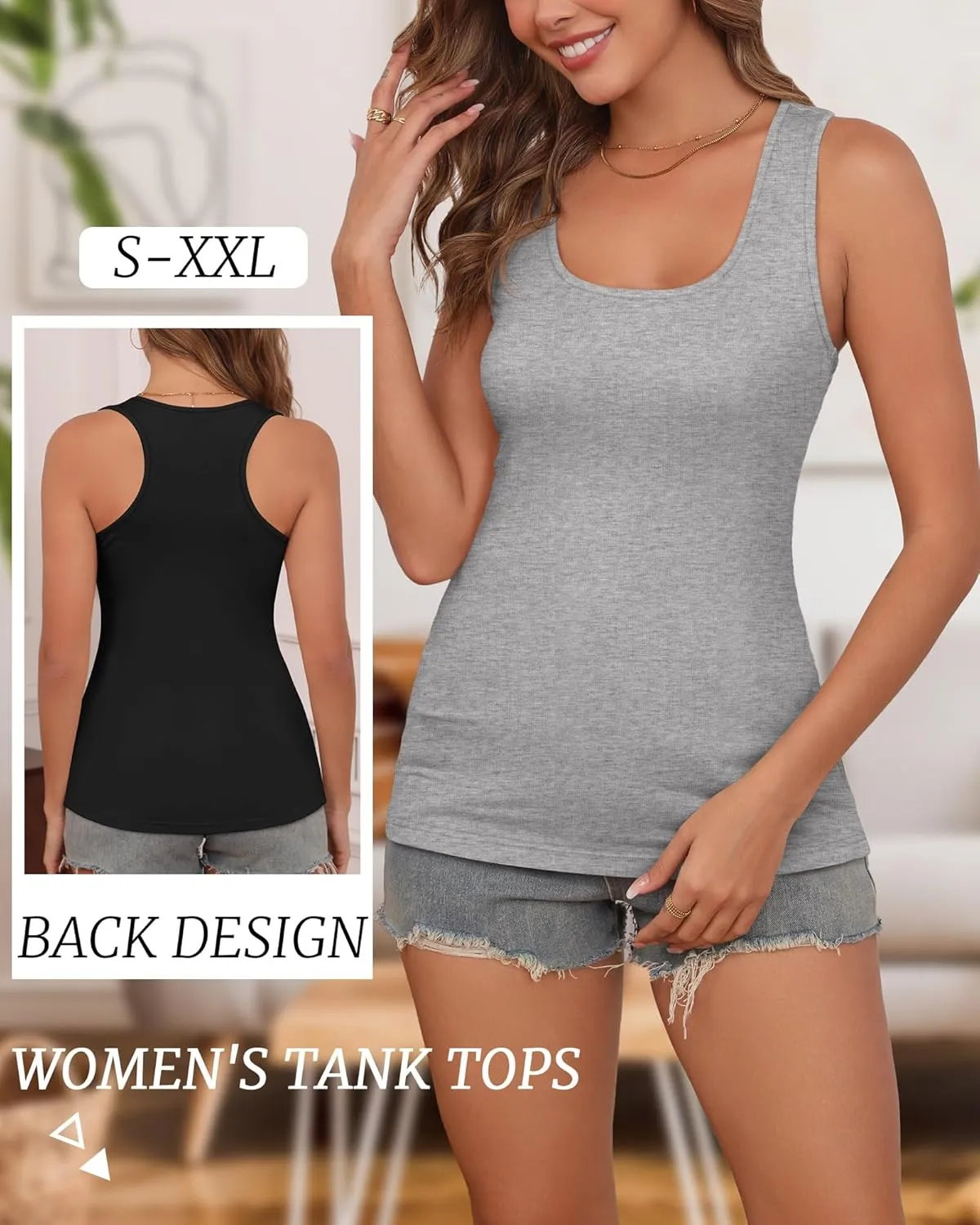 Riyiper 4 Pack Women's Tank Tops Cotton Racerback Summer Casual Sleeveless Shirts Slim Fitted Basic Tee