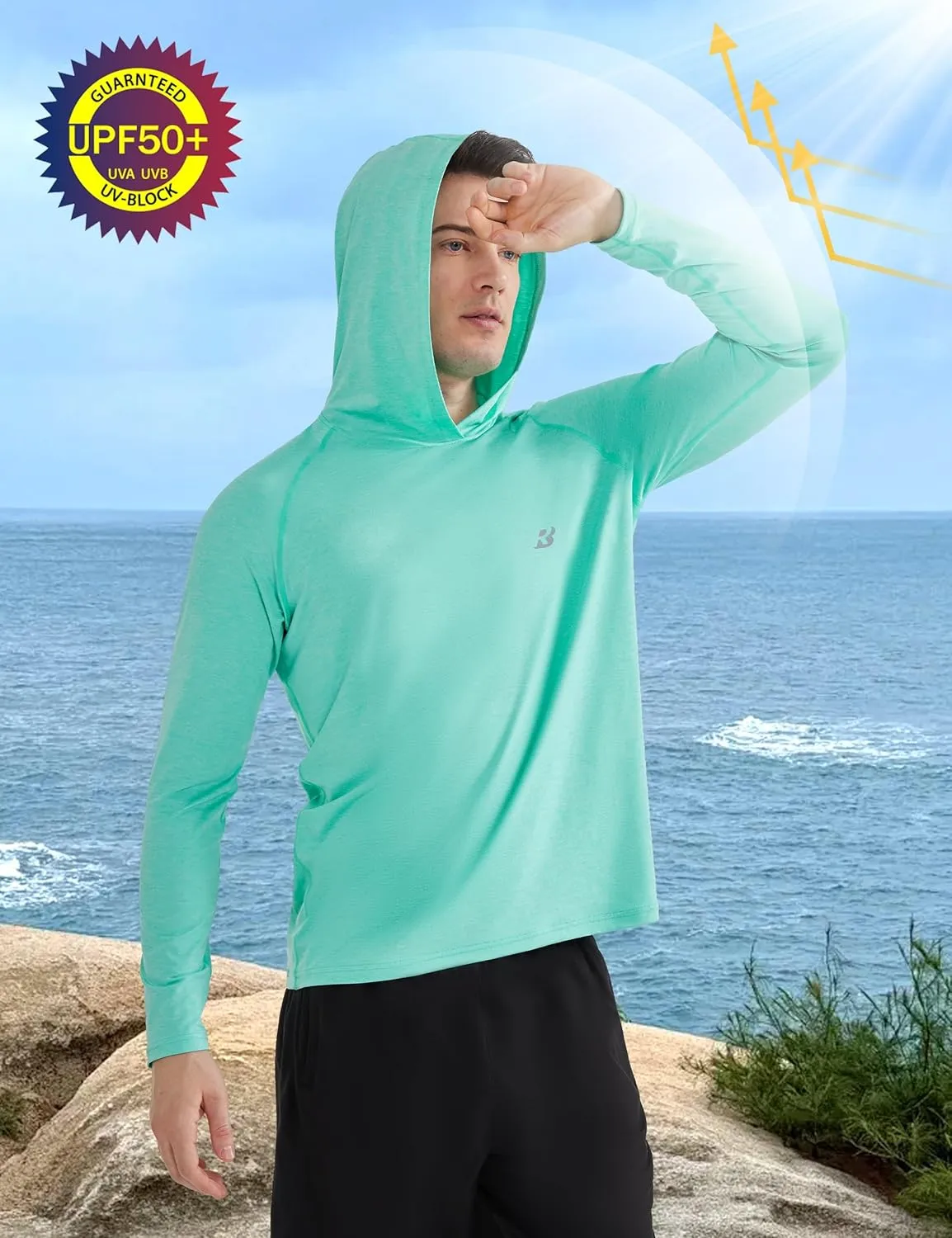 Roadbox Men's UPF 50  Fishing Shirts, Long Sleeve UV Sun Protection SPF Hoodie, Quick Dry Swim Rash Guard for Outdoor Hiking