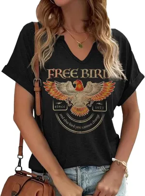 Rock Band T-Shirt for Women V-Neck Country Music Short Sleeved Shirt Retro Nashville Guitar Graphic Hollowed Tee Tops