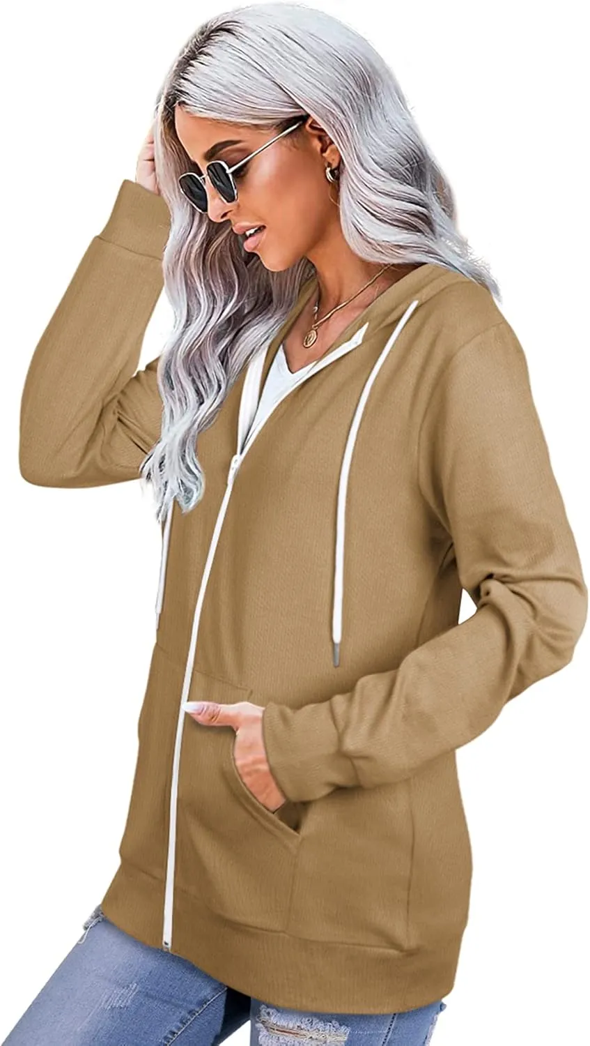 Saloogoe Lightweight Zip Up Hoodies for Women Hooded Sweatshirts Long Sleeve Thin Jacket with Zipper