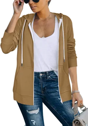 Saloogoe Lightweight Zip Up Hoodies for Women Hooded Sweatshirts Long Sleeve Thin Jacket with Zipper