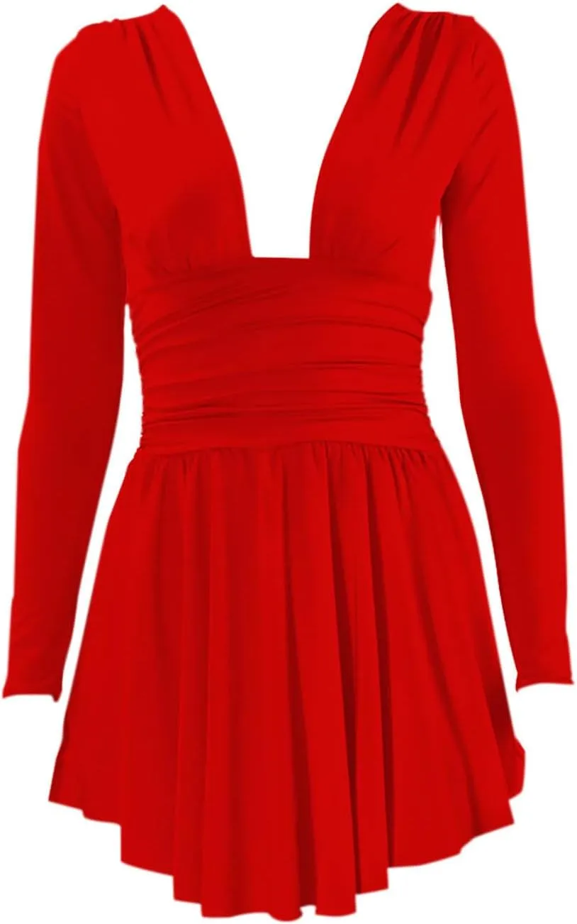 Sexy Night Out Wrap Waist Mini Dress Women Long Sleeve Deep V Neck Swing A Line Bodycon Ruffle Dresses for Club Party