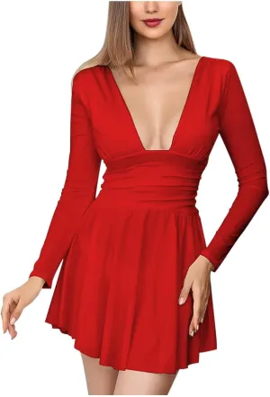 Sexy Night Out Wrap Waist Mini Dress Women Long Sleeve Deep V Neck Swing A Line Bodycon Ruffle Dresses for Club Party