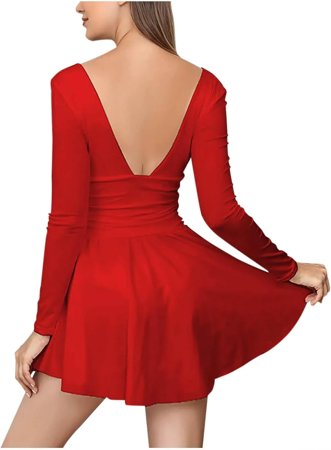 Sexy Night Out Wrap Waist Mini Dress Women Long Sleeve Deep V Neck Swing A Line Bodycon Ruffle Dresses for Club Party