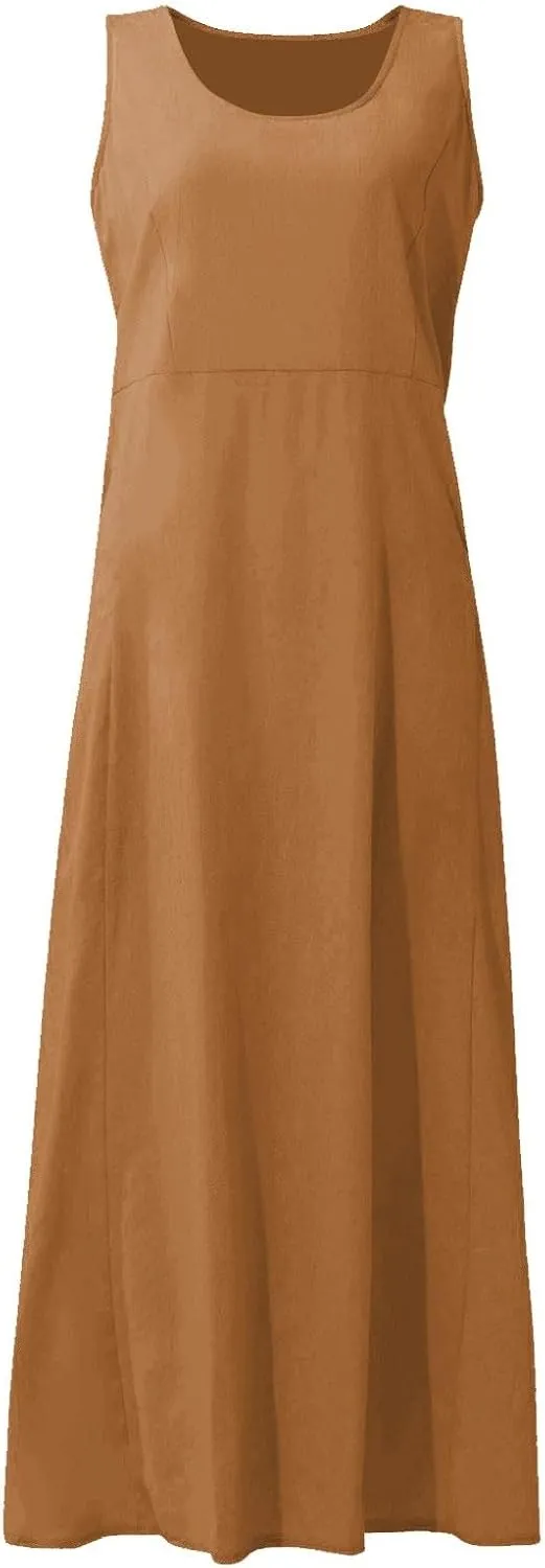 SGASY Summer Dresses for Women 2025 Sleeveless Casual Cotton Linen Sundress Plus Size Maxi Tank Beach Dress with Pocket