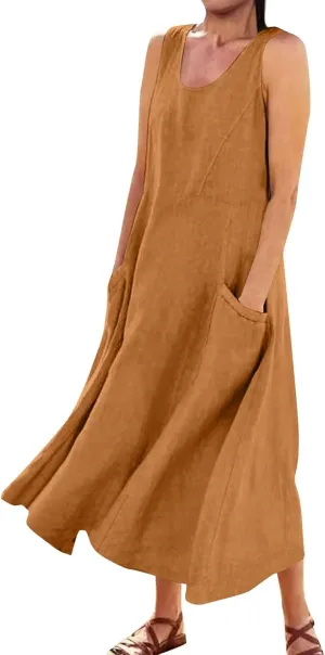 SGASY Summer Dresses for Women 2025 Sleeveless Casual Cotton Linen Sundress Plus Size Maxi Tank Beach Dress with Pocket