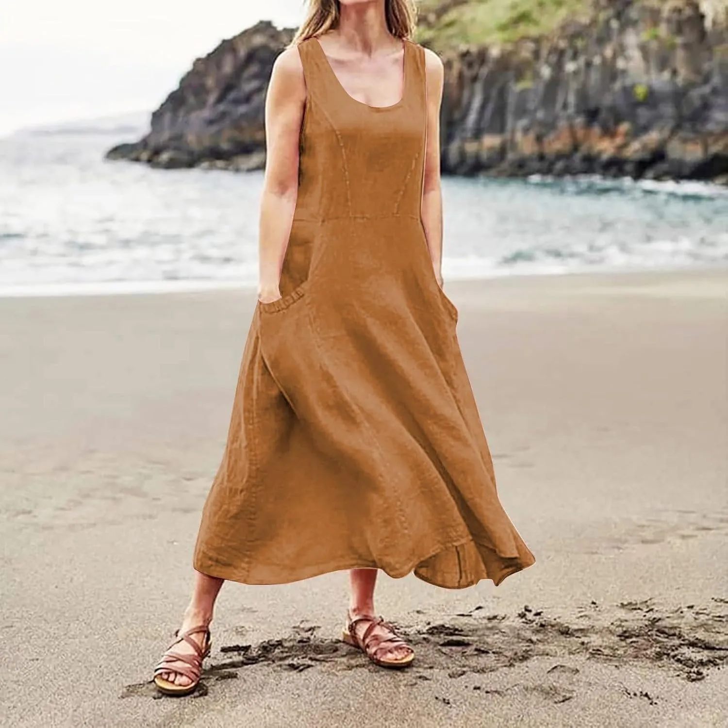 SGASY Summer Dresses for Women 2025 Sleeveless Casual Cotton Linen Sundress Plus Size Maxi Tank Beach Dress with Pocket