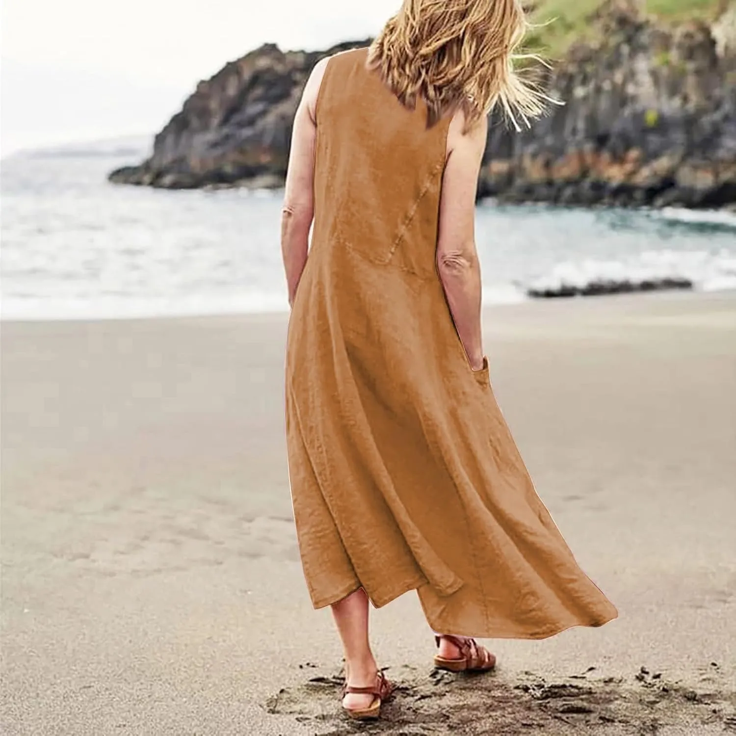 SGASY Summer Dresses for Women 2025 Sleeveless Casual Cotton Linen Sundress Plus Size Maxi Tank Beach Dress with Pocket