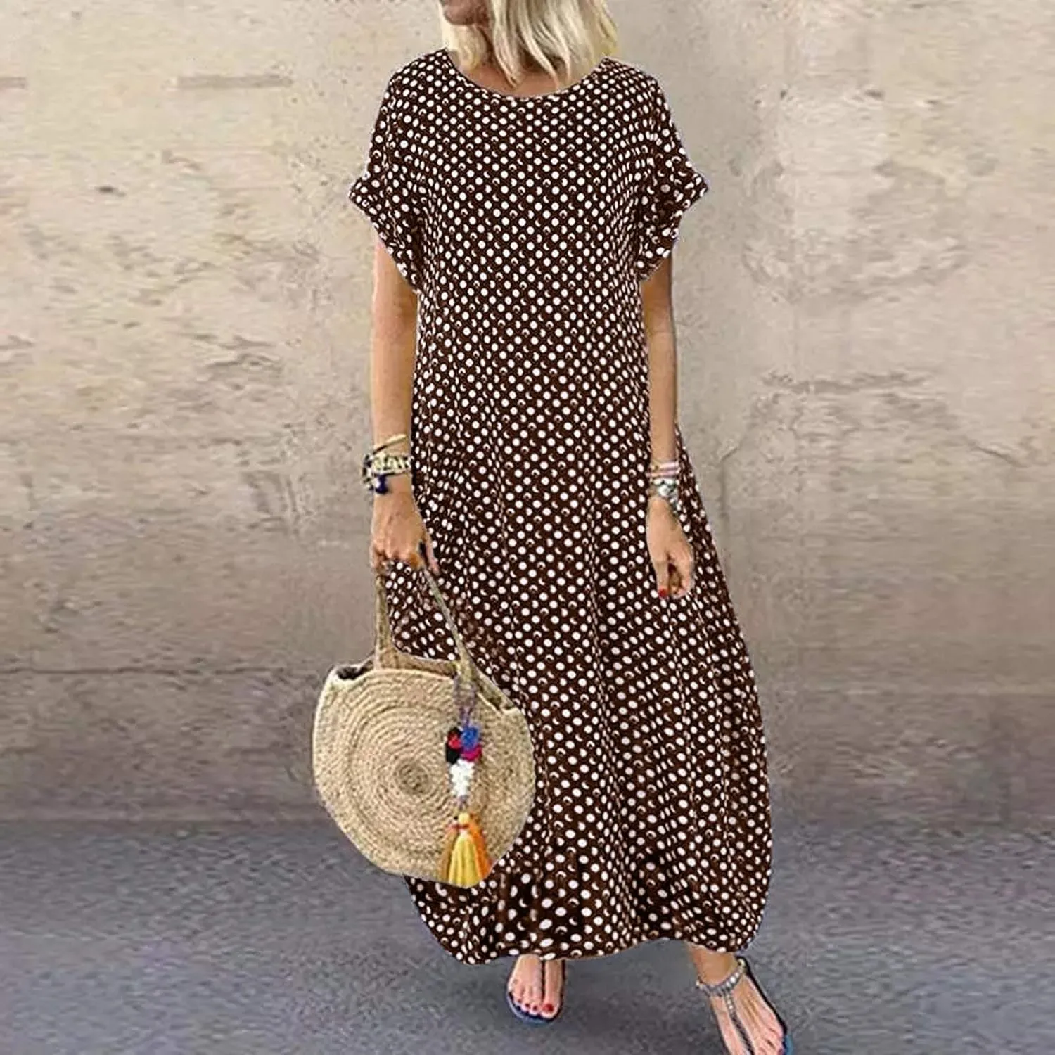 SHAOBGE Cocktail Dress for Women Trendy 2024 Round Casual Polka Neck Sleeve Print Maxi Women Short Dress Summer