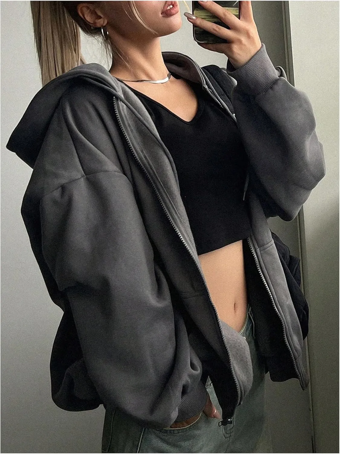 SHENHE Women's Oversized Zip Up Hoodie Sweatshirt Drawstring Casual Jacket with Pockets