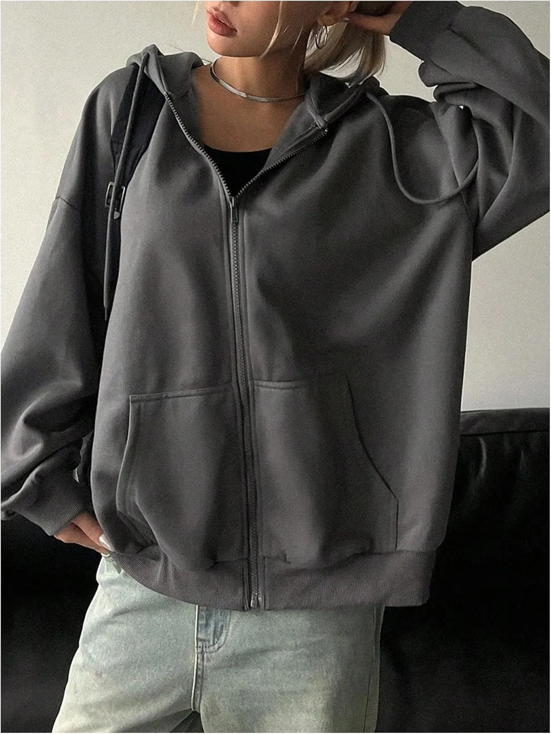 SHENHE Women's Oversized Zip Up Hoodie Sweatshirt Drawstring Casual Jacket with Pockets