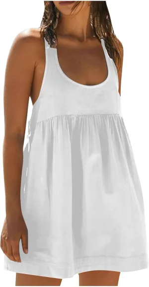 Sinzelimin Summer Dresses for Women 2024 Trendy Sleeveless Oversized Sweatshirt Dress Pleated Tank Midi Dress Beach Sundress