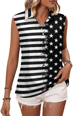 Sleeveless Shirts for Women American Flag V Neck Shirt Casual PO-LO Tank Top Pullover Quick Dry with Designs