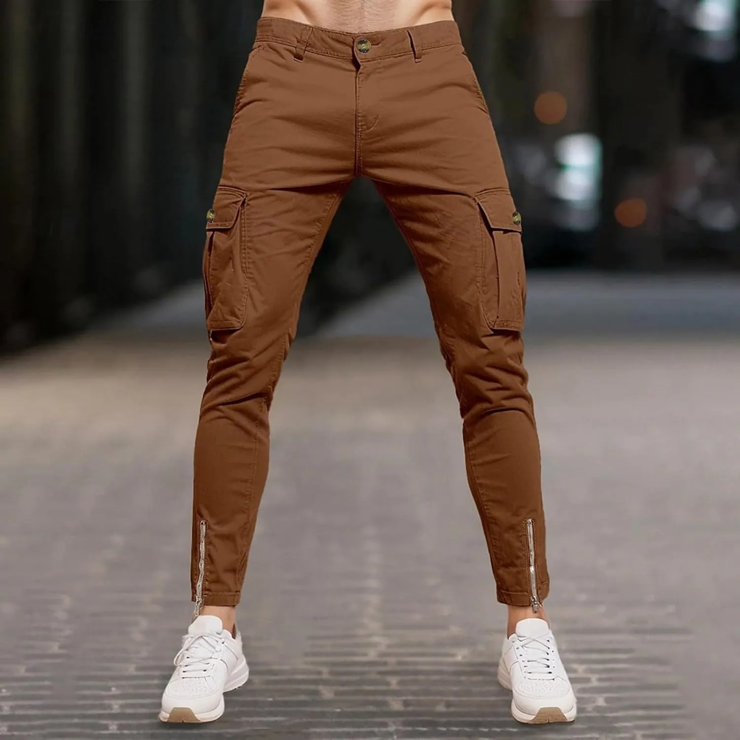 Slim Fit Cargo Pants for Men Cotton Athletic Sports Joggers Running Pants Trendy Zipper Bottom Workout Hiking Pants