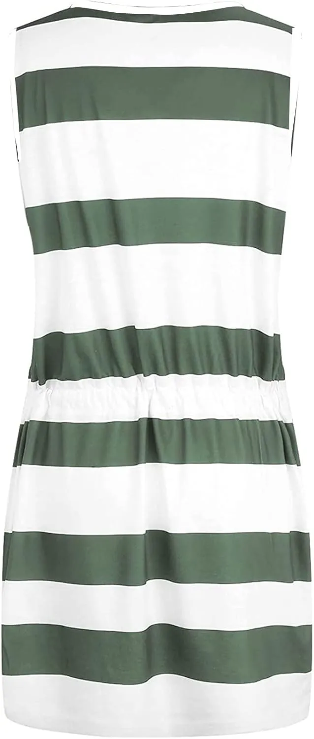 Slimming Dresses for Curvy Women Causal Summer 2024 Sleeveless Tank Dress Sexy v Neck Striped Mini Dress with Pockets