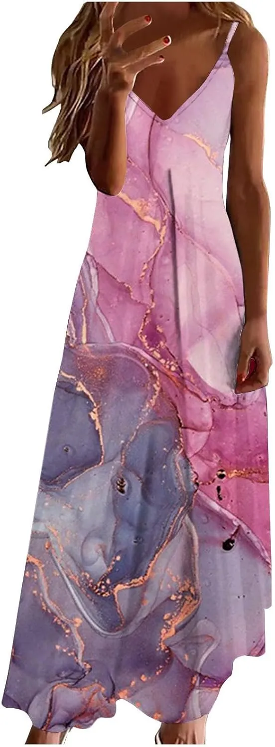 SMIDOW Clearance Prime Women's Summer Spaghetti Strap Elegant Long Dresses Plus Size Vacation Flowy Beach Sundress Loose Floor Length Dress
