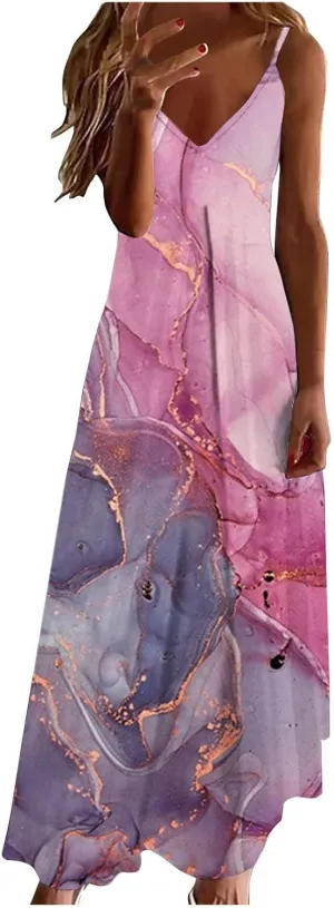 SMIDOW Clearance Prime Women's Summer Spaghetti Strap Elegant Long Dresses Plus Size Vacation Flowy Beach Sundress Loose Floor Length Dress