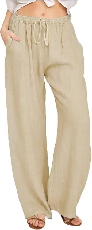 SMIDOW Summer Pants for Women 2023 Cotton Linen Elastic Waist Drawstring Wide Leg Ankle Length Lounge Pant with Pockets