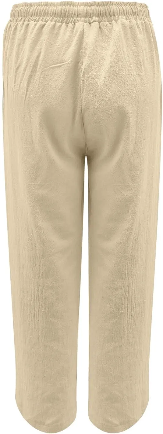 SMIDOW Summer Pants for Women 2023 Cotton Linen Elastic Waist Drawstring Wide Leg Ankle Length Lounge Pant with Pockets