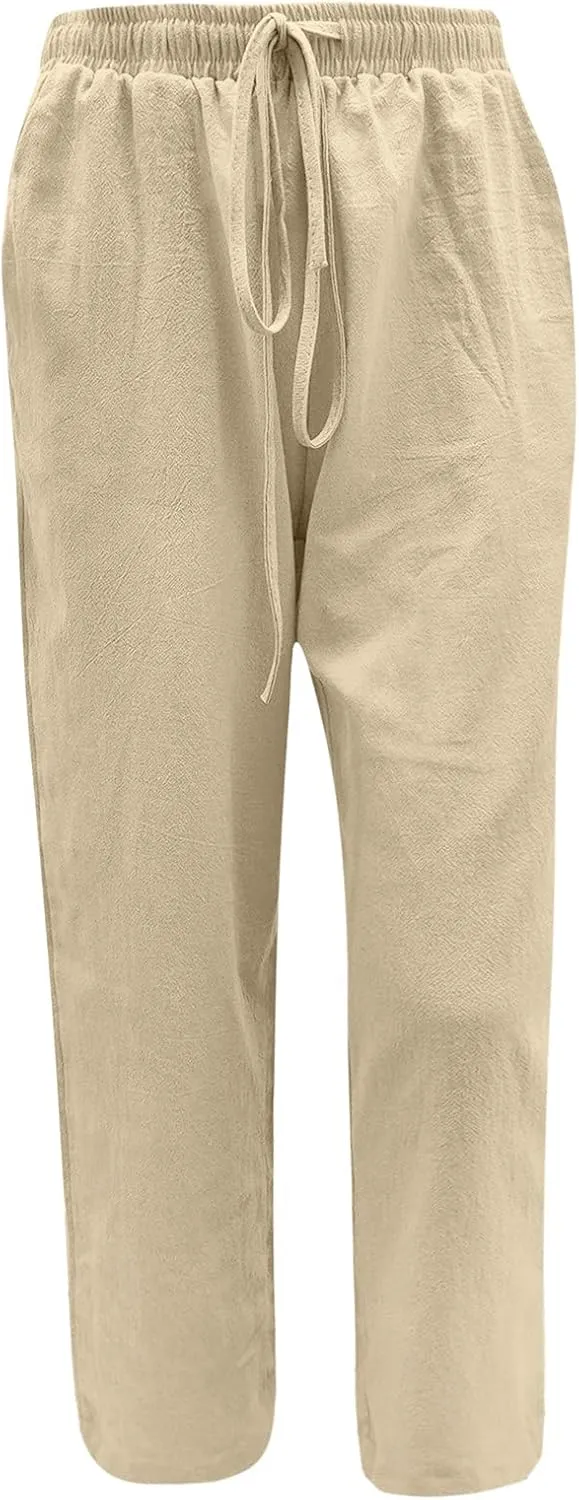 SMIDOW Summer Pants for Women 2023 Cotton Linen Elastic Waist Drawstring Wide Leg Ankle Length Lounge Pant with Pockets