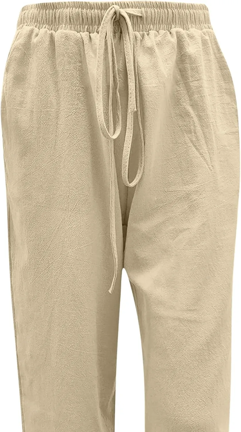 SMIDOW Summer Pants for Women 2023 Cotton Linen Elastic Waist Drawstring Wide Leg Ankle Length Lounge Pant with Pockets