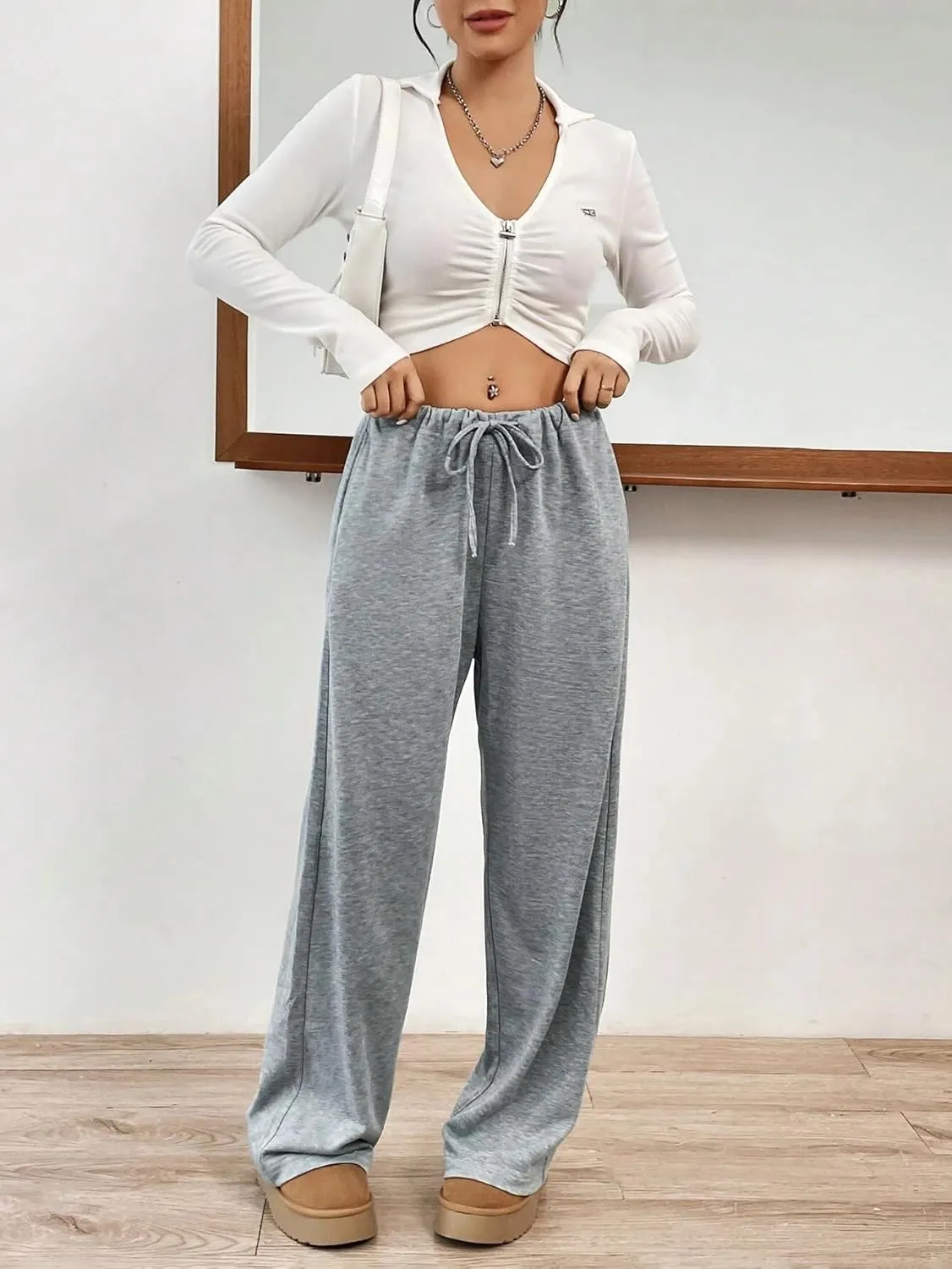 SOFIA'S CHOICE Women's High Waist Drawstring Sweatpants with Pockets Loose Straight Leg Lounge Pant