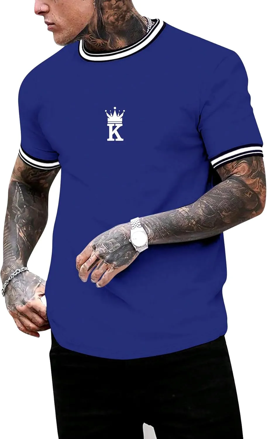 SOLY HUX Men's Crown Letter Print Striped Trim Tee Tops Short Sleeve Crew Neck Summer T Shirt