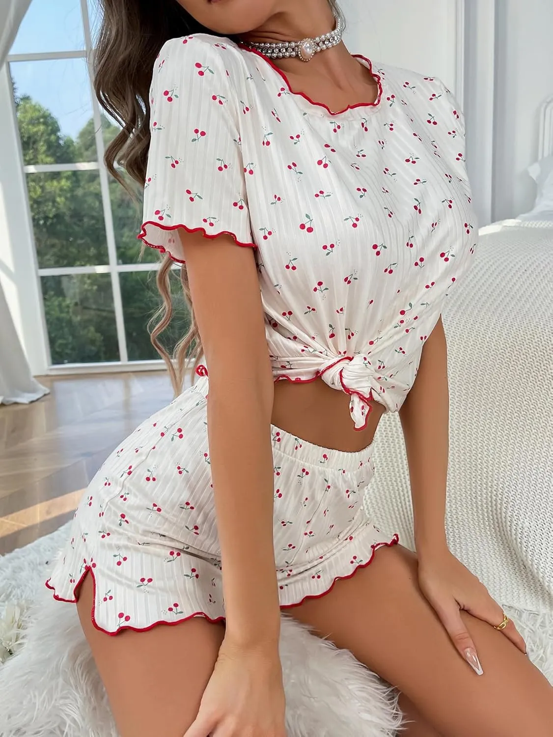 SOLY HUX Pajama Set for Women Cute Print Short Sleeve Tee and Shorts Lounge Sleepwear