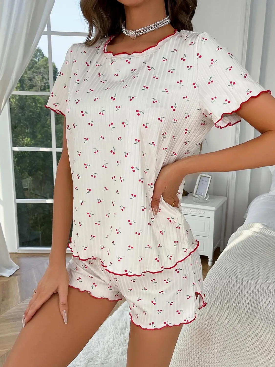 SOLY HUX Pajama Set for Women Cute Print Short Sleeve Tee and Shorts Lounge Sleepwear
