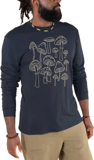 Soul Flower Unisex Mushrooms Organic Cotton Long Sleeve T-Shirt, Navy Blue Crew Neck Tee for Men and Women