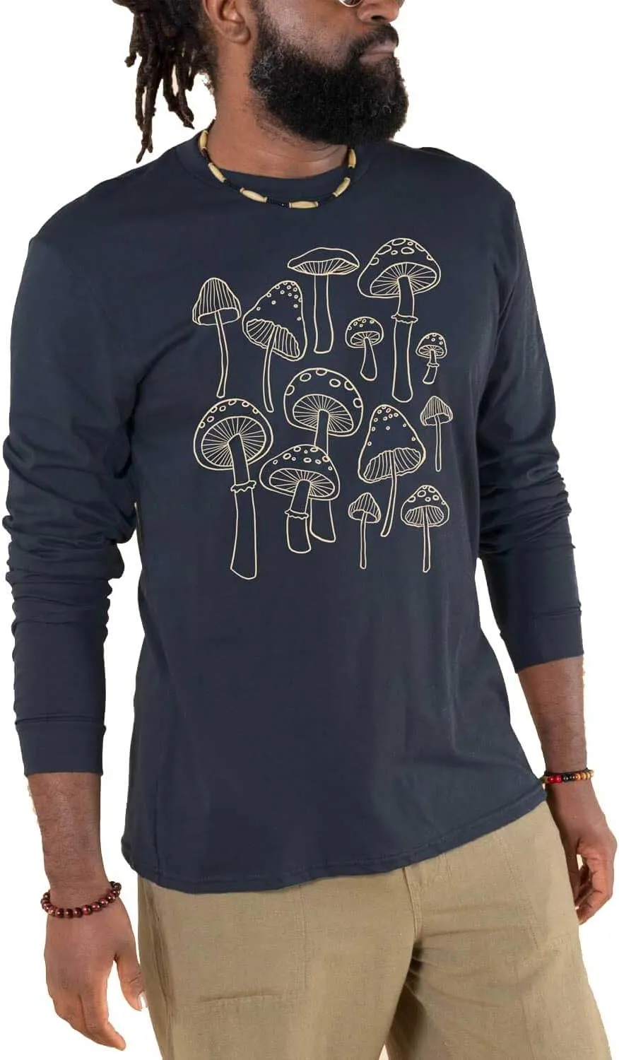 Soul Flower Unisex Mushrooms Organic Cotton Long Sleeve T-Shirt, Navy Blue Crew Neck Tee for Men and Women