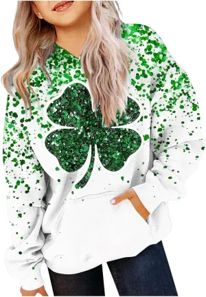 St Patrick's Day Outfit Girl Oversized Saint Pattys Hoodies Casual Shamrock Clover Print Hooded Pullover Tops