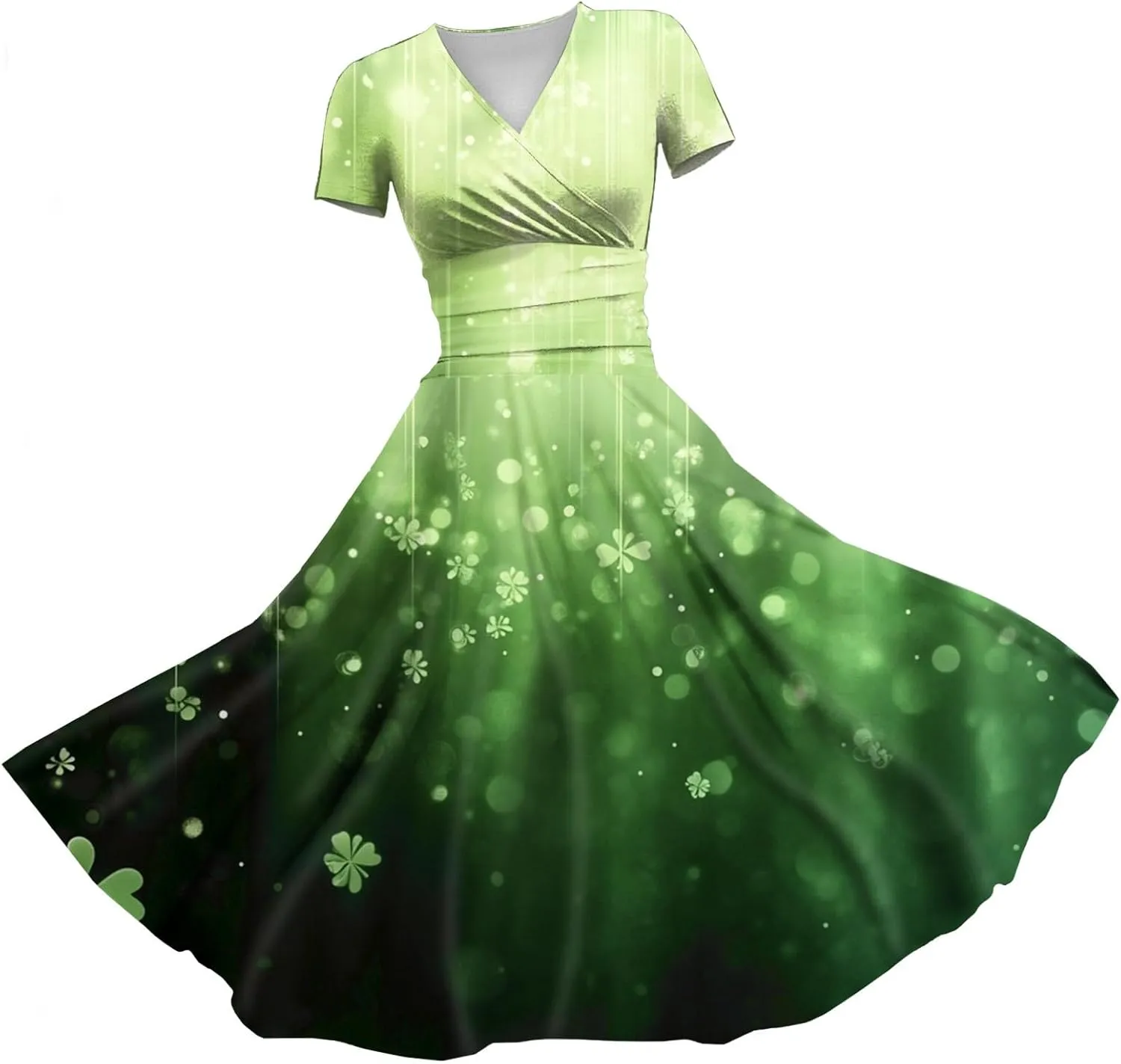 St Patricks Dress for Women V Neck Short Sleeve Princess Shamrock Print Pulled Ruffle Waist Drawstring Fashion Dresses