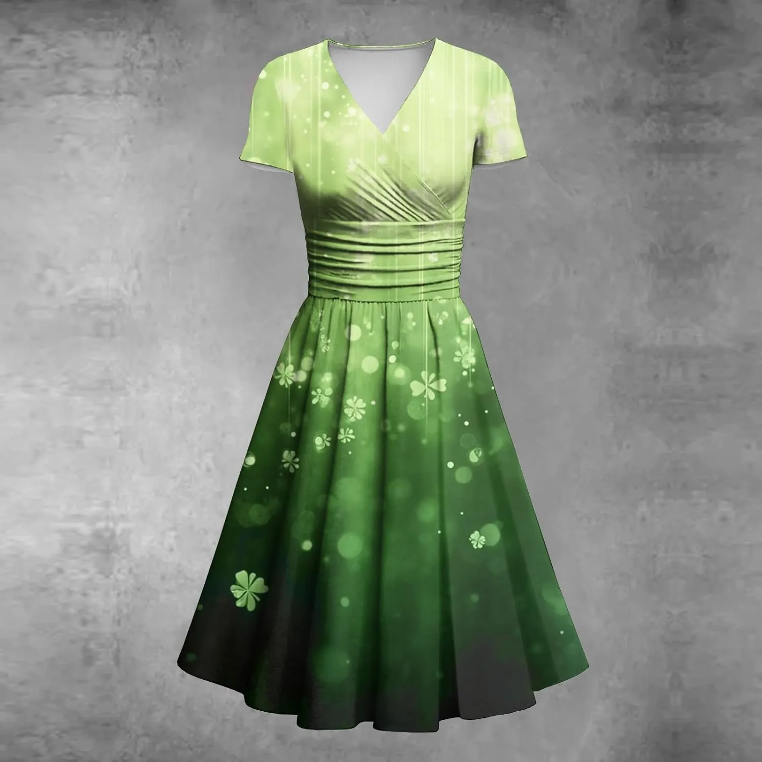 St Patricks Dress for Women V Neck Short Sleeve Princess Shamrock Print Pulled Ruffle Waist Drawstring Fashion Dresses