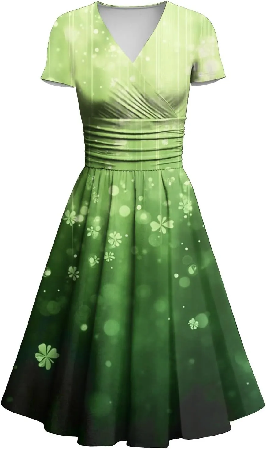 St Patricks Dress for Women V Neck Short Sleeve Princess Shamrock Print Pulled Ruffle Waist Drawstring Fashion Dresses