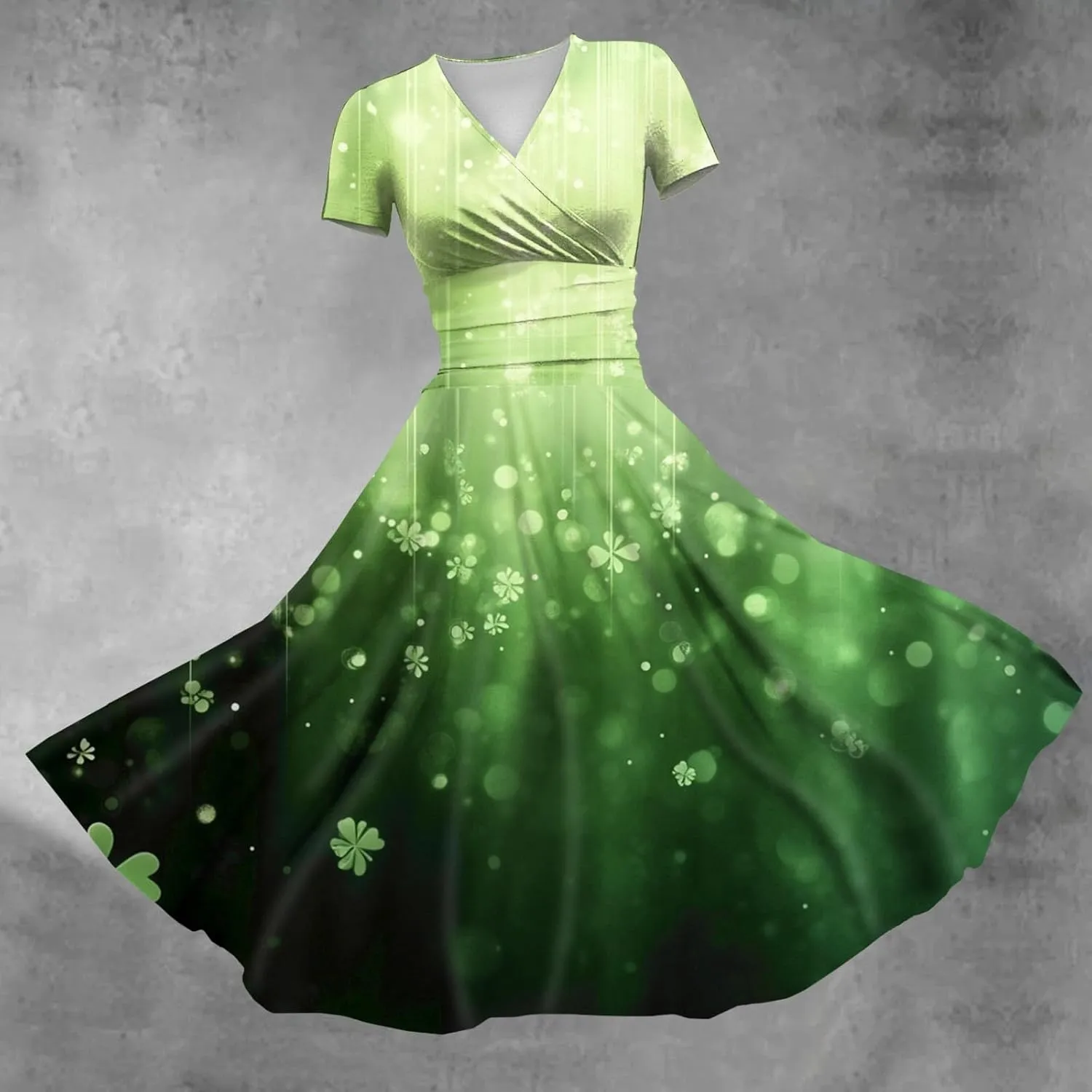 St Patricks Dress for Women V Neck Short Sleeve Princess Shamrock Print Pulled Ruffle Waist Drawstring Fashion Dresses