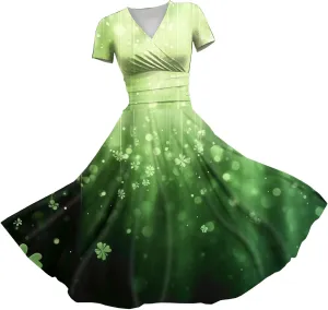 St Patricks Dress for Women V Neck Short Sleeve Princess Shamrock Print Pulled Ruffle Waist Drawstring Fashion Dresses