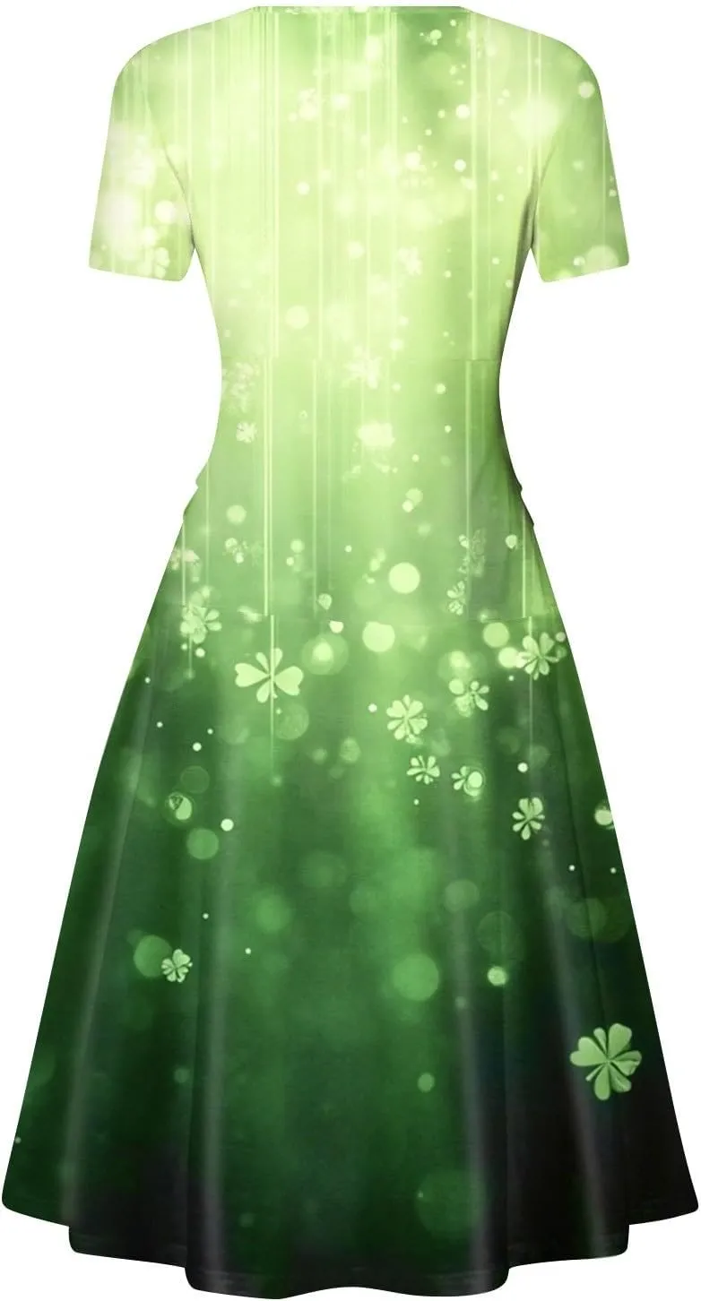 St Patricks Dress for Women V Neck Short Sleeve Princess Shamrock Print Pulled Ruffle Waist Drawstring Fashion Dresses