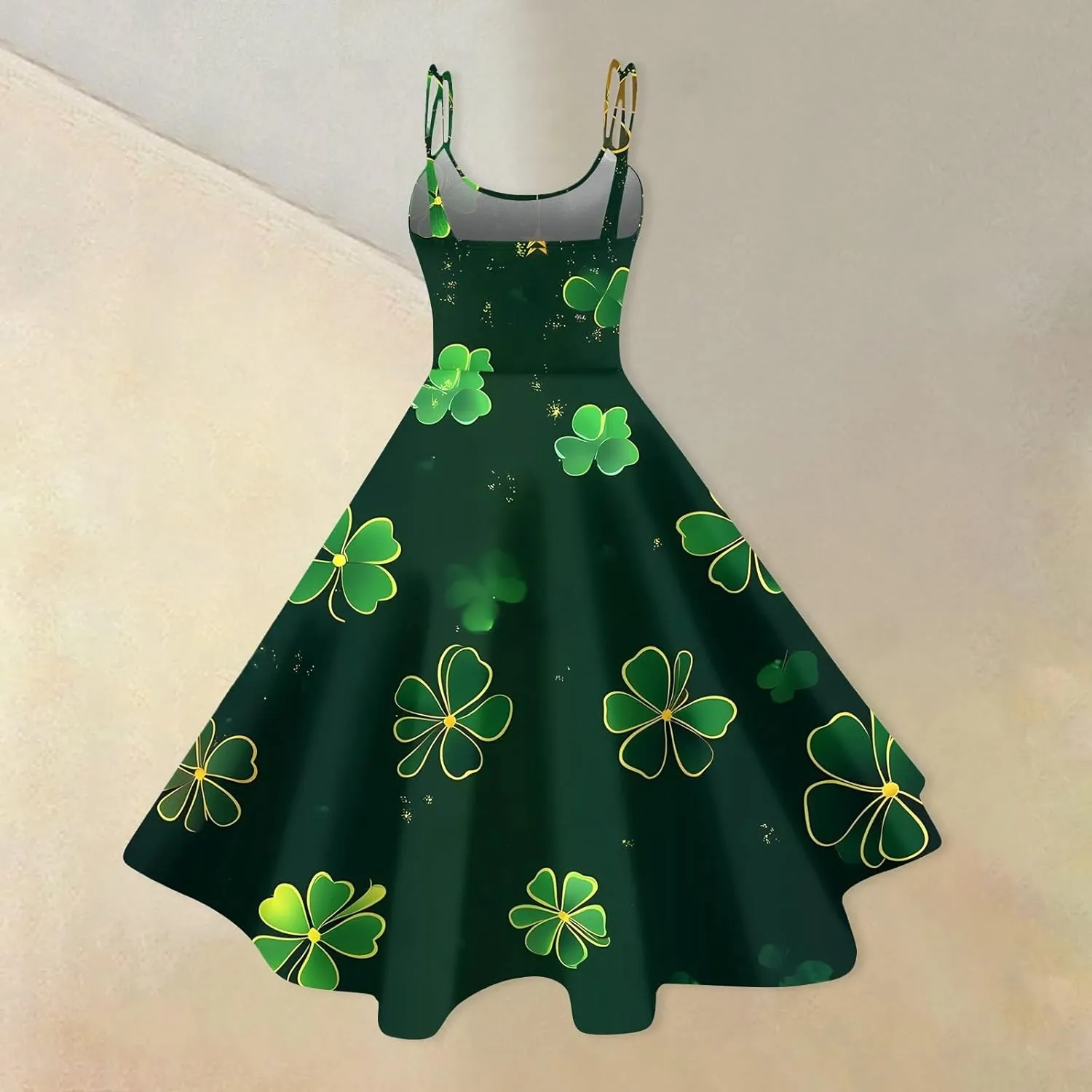 St Patricks Dress Ladies Dressy Vintage Sleeveless Midi Off Shoulder A-Line Swing Shamrock Print Dresses