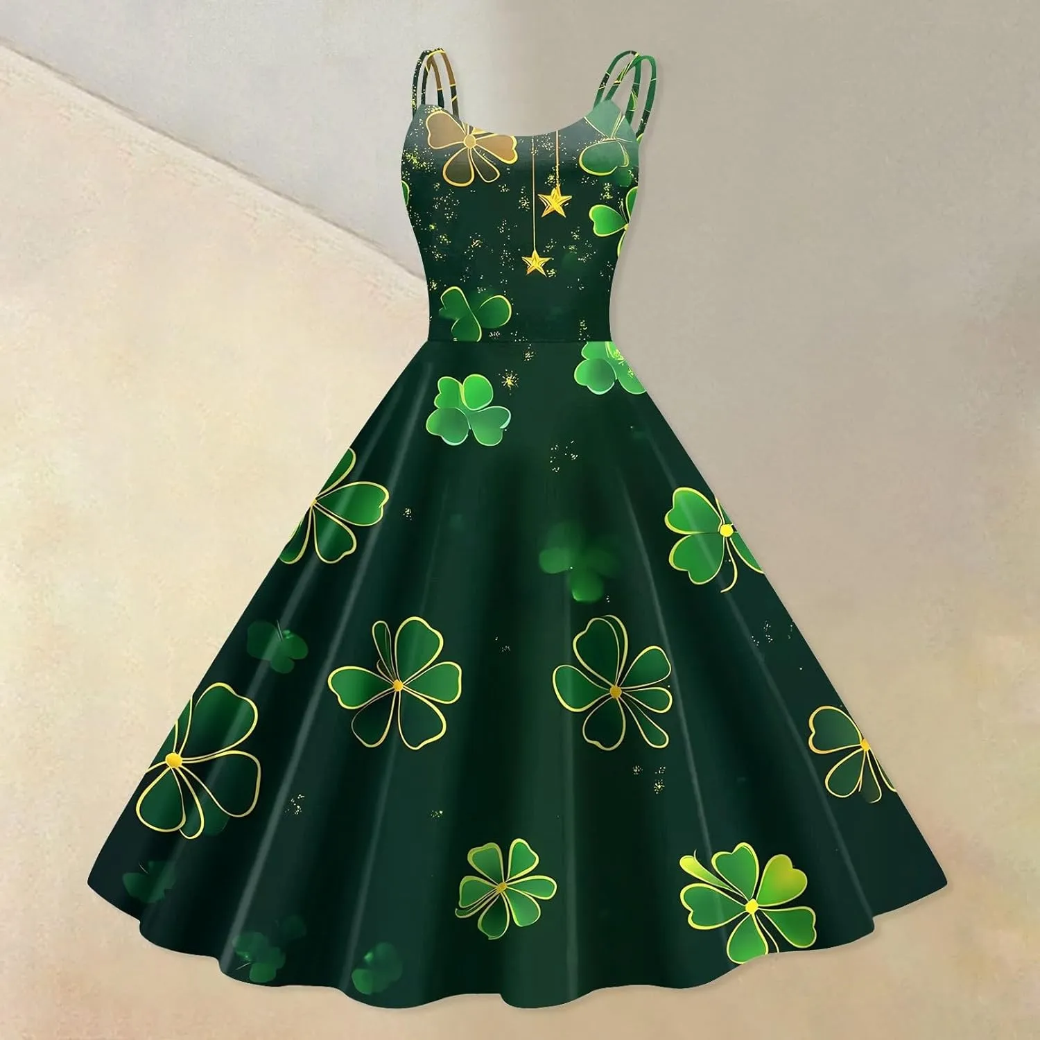 St Patricks Dress Ladies Dressy Vintage Sleeveless Midi Off Shoulder A-Line Swing Shamrock Print Dresses